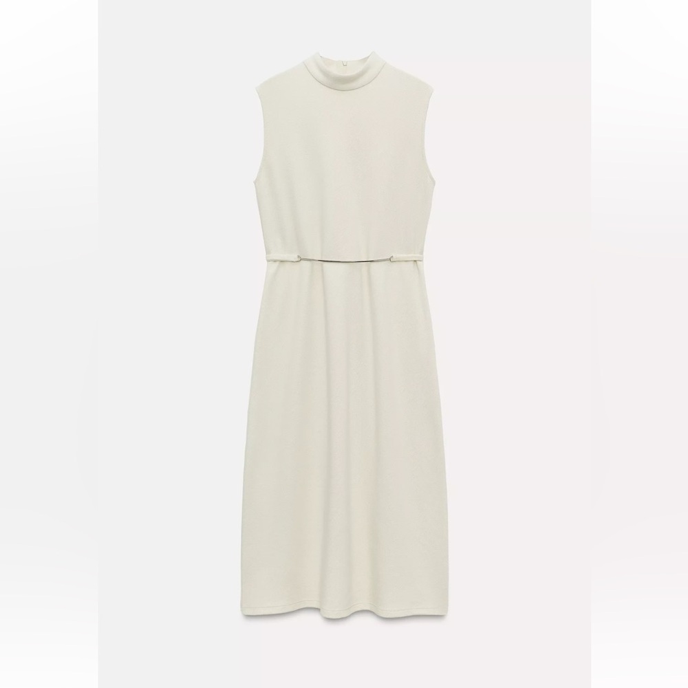 Zara off white ivory belted front mock neck soft sleeveless midi dress - Picture 2 of 4
